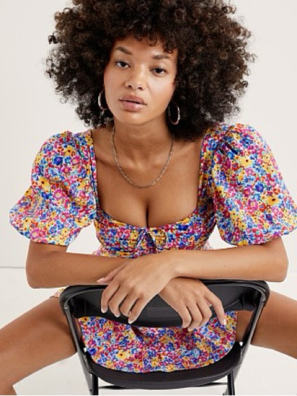 For Love And Lemons Bright Floral Puff-Sleeve Crop Top